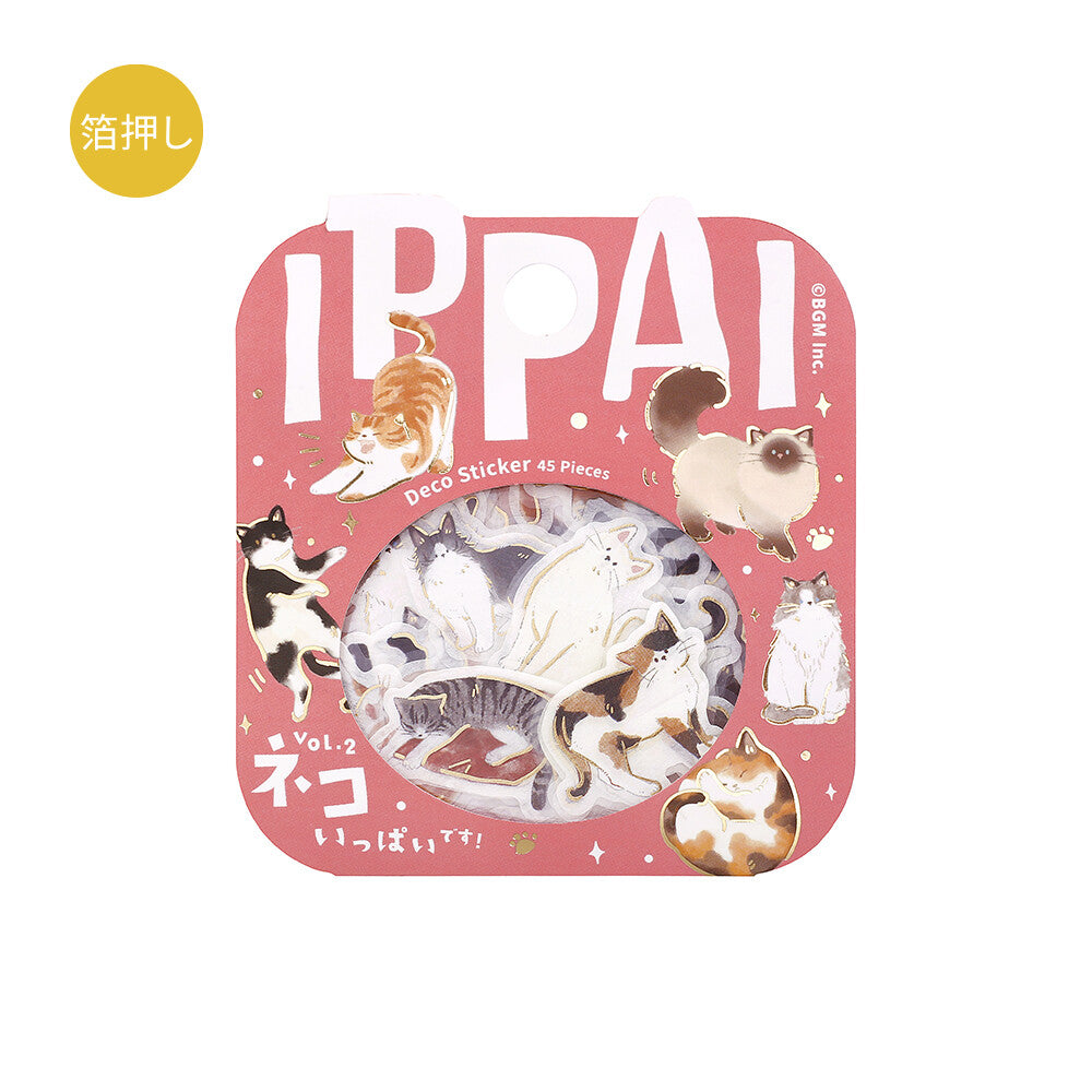 Packaging of Ippai Deco Sticker with cat illustrations on a pink background