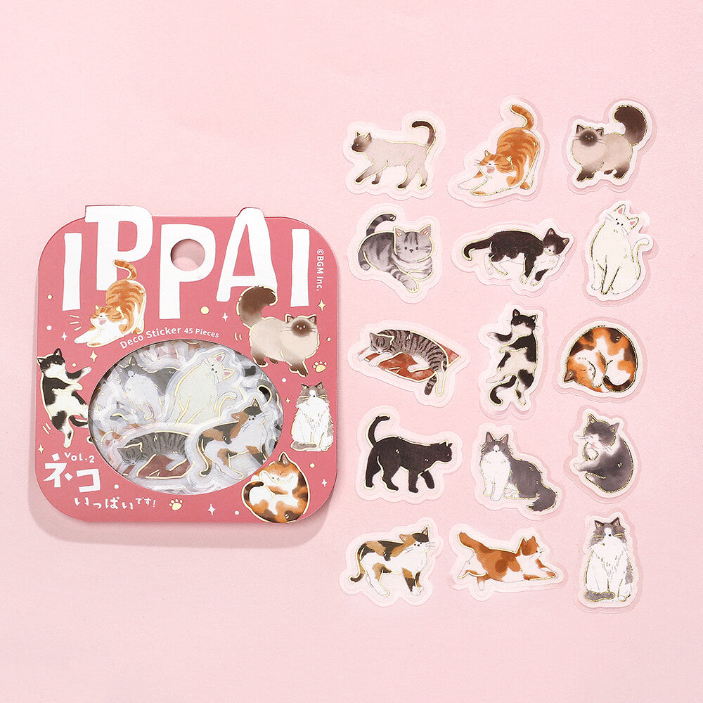 Set of cat-themed stickers with a pink packaging box on a pink background