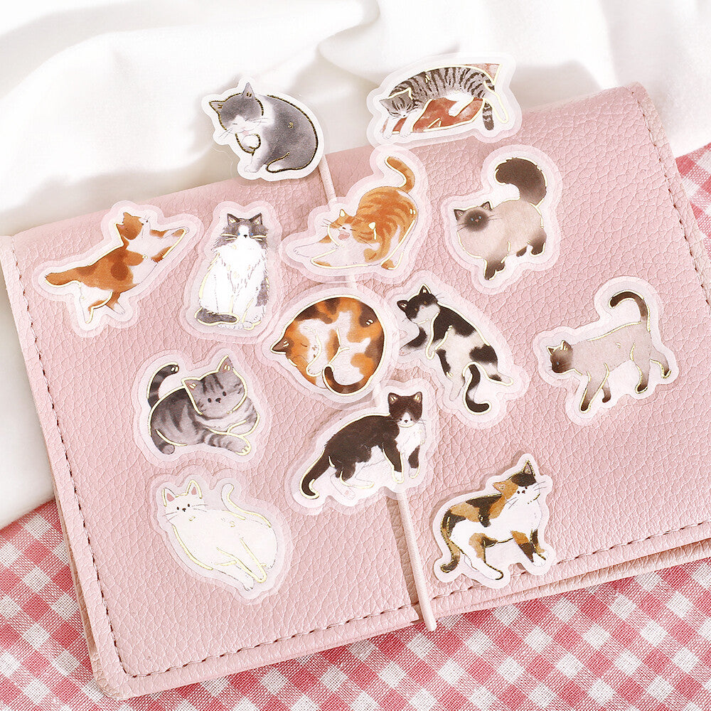Set of cat-themed stickers on a pink card with a checkered background