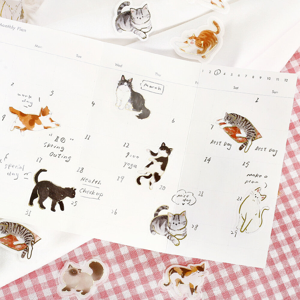 Calendar with cat illustrations on a checkered tablecloth