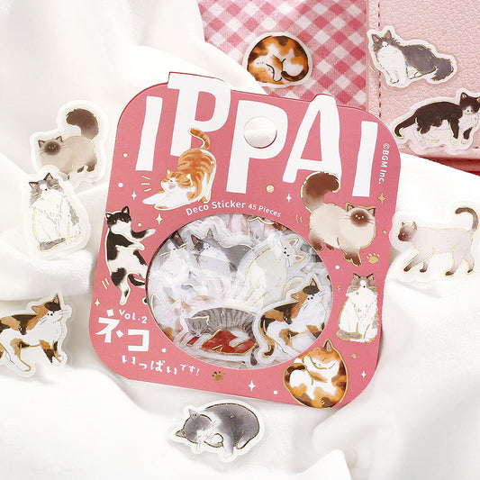 Pack ofIPPAI cat-themed stickers on a white background