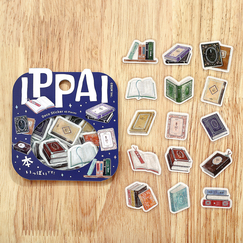 Collection of book-themed stickers on a wooden surface with 'LPPAI' branding.