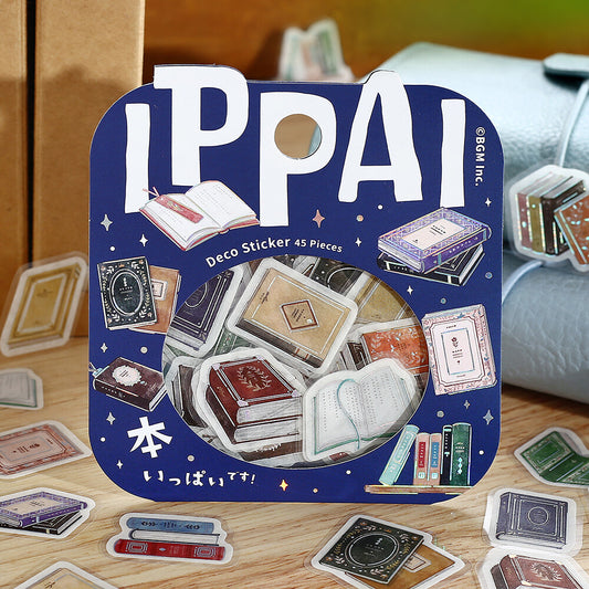 IPPAI Deco Sticker set with book-themed stickers on a wooden surface