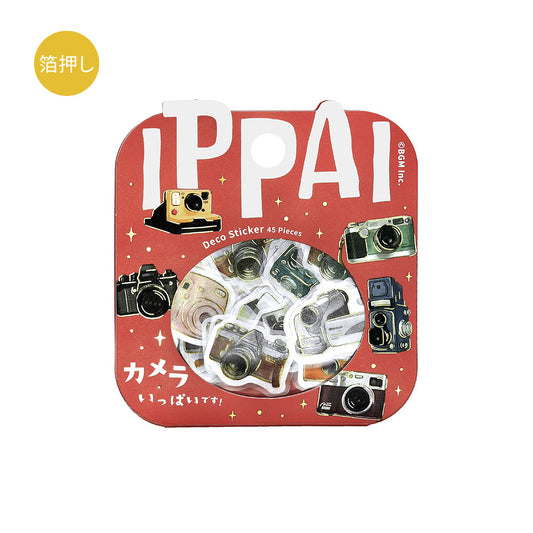 Packaging of IPPAI Deco Sticker set with camera illustrations on a red background