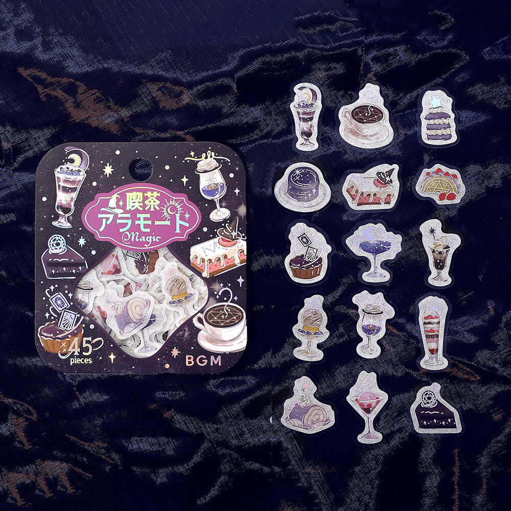 Set of transparent stickers with various designs on a dark textured background