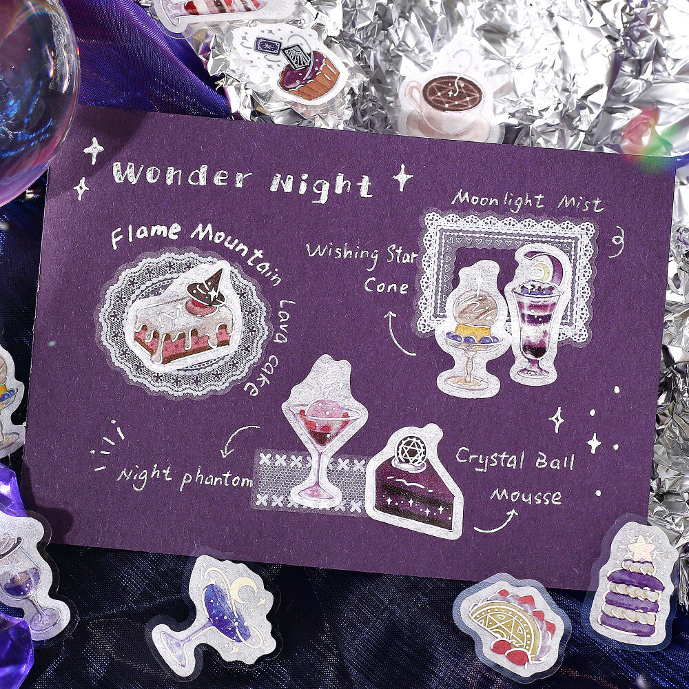 Purple card with ice cream illustrations and text on a textured surface