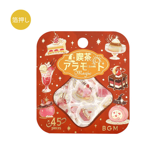 Packaged product with illustrations of desserts and text on a red background