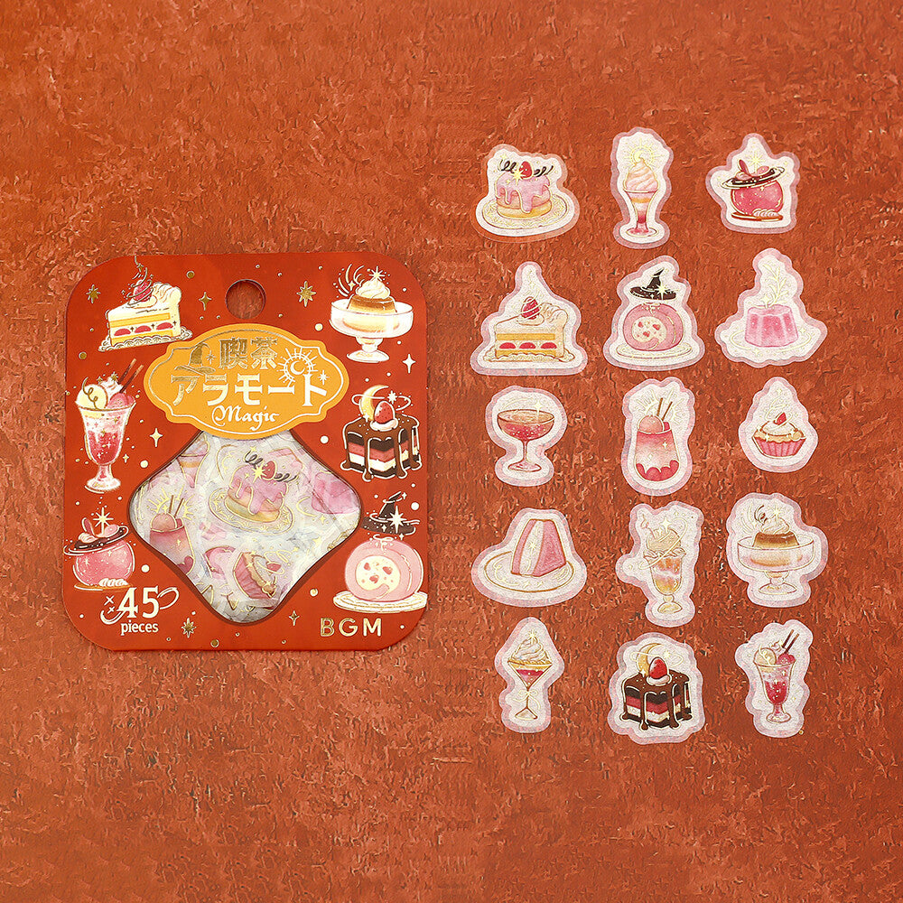 Set of dessert-themed stickers with packaging on a textured brown background