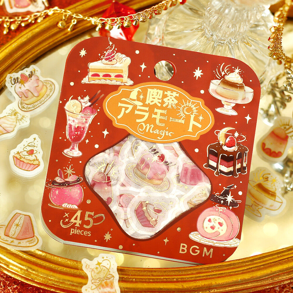 Pack of stickers with cake illustrations on a red background