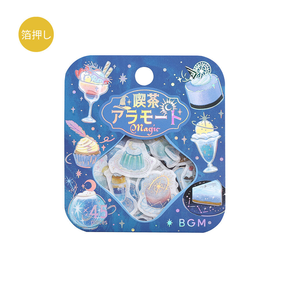 Packaged stickers with fantasy-themed designs on a blue background