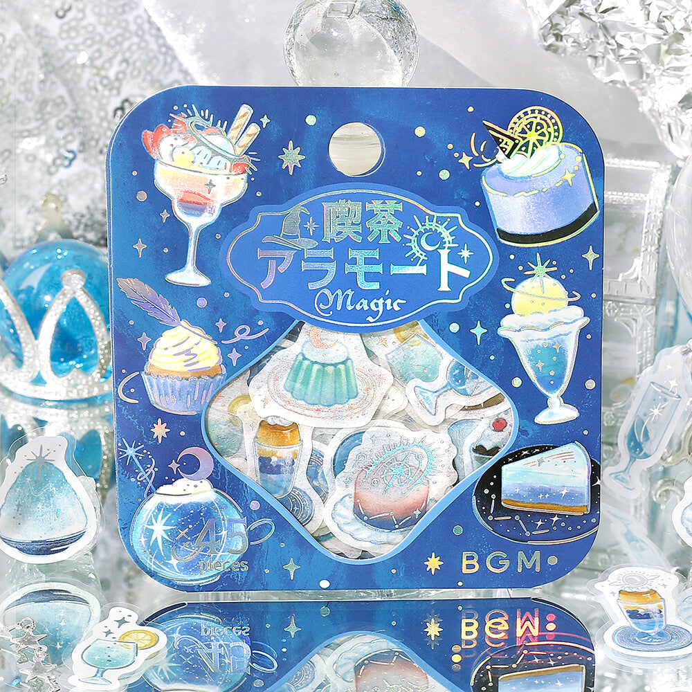 Decorative packaging with illustrations of desserts and text on a blue background
