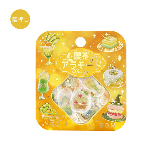Packaged product with cartoon illustrations on a yellow background