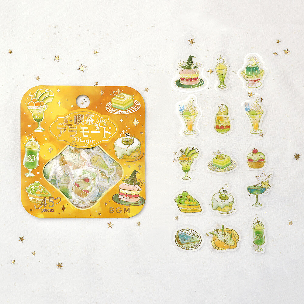 Pack of decorative stickers with illustrations of desserts and drinks on a white background.