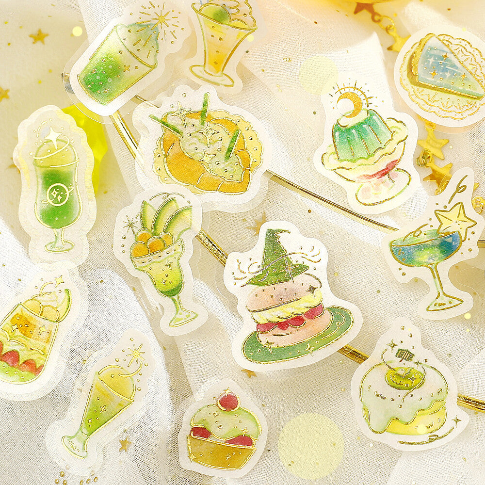 Set of decorative stickers with food and drink illustrations on a light background