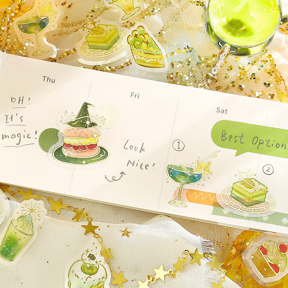 Sticker sheet with illustrations of food and drinks, featuring text and decorative elements.