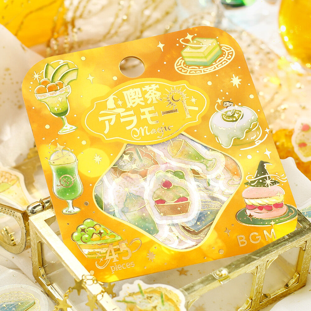 Packaged stickers with a yellow background featuring illustrations of drinks and food items.