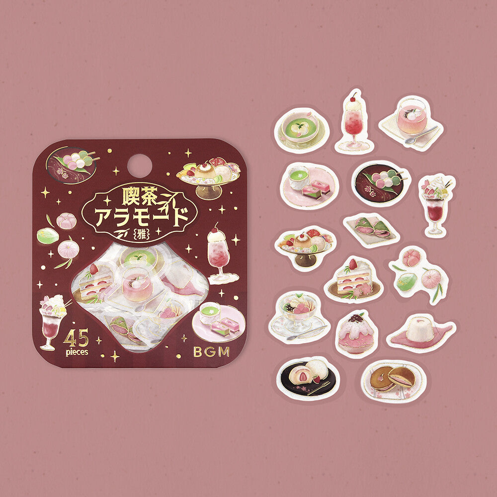 Packaging of stickers with illustrations of Japanese sweets on a pink background