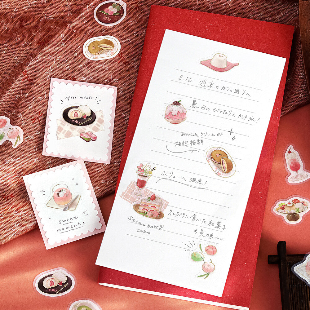 Menu with illustrations of desserts on a red surface