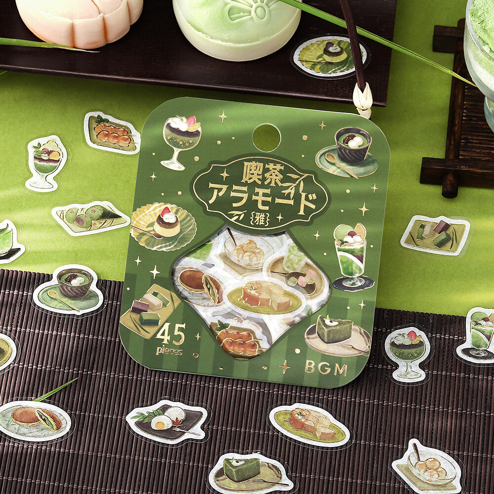 Packet of sticker flakes with coffee theme on a green background