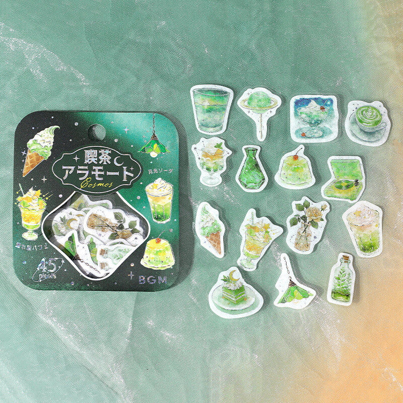 Set of green-themed stickers on a textured green background