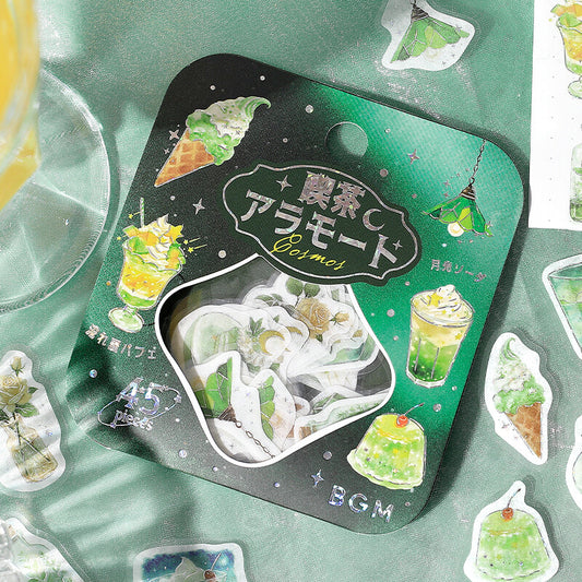 Pack of stickers with green and white designs on a green background