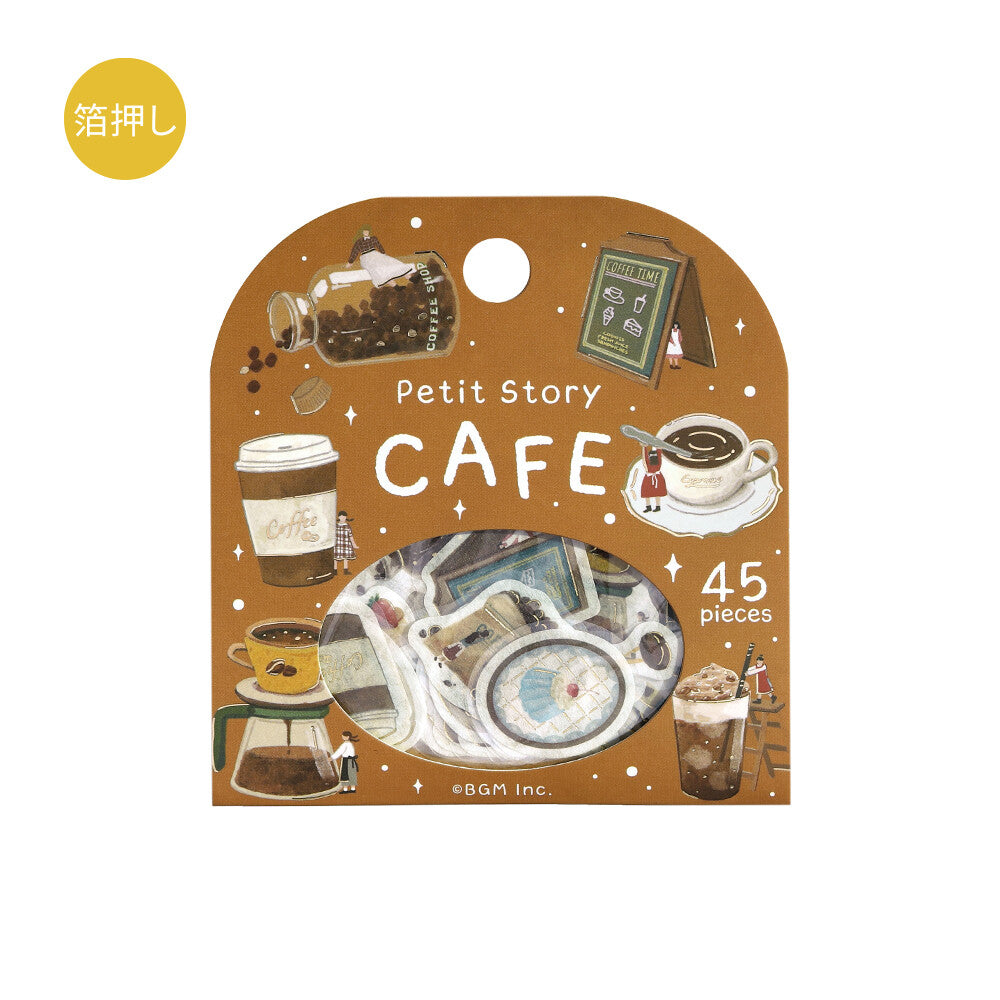 Packaging of Petit Story Cafe stickers with coffee-themed illustrations on a brown background.