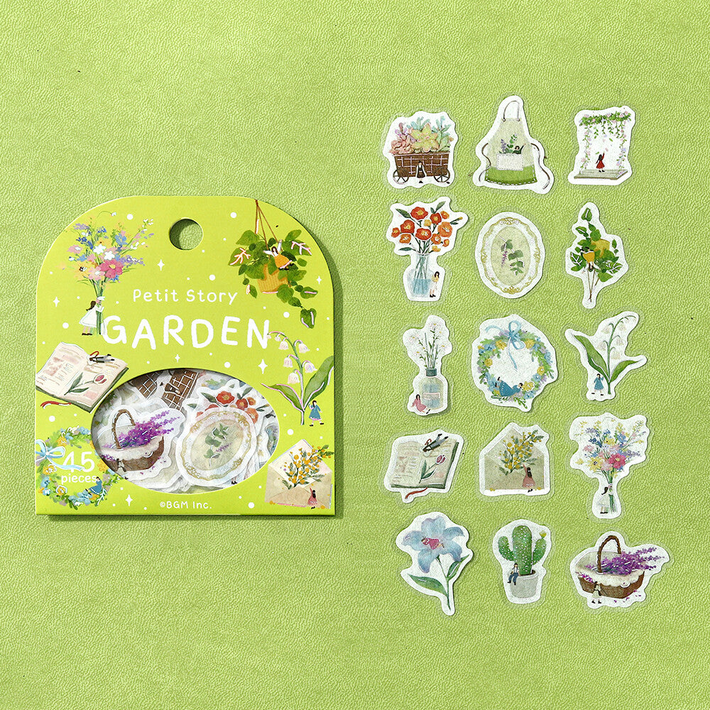 Packaged stickers with garden-themed designs on a green background