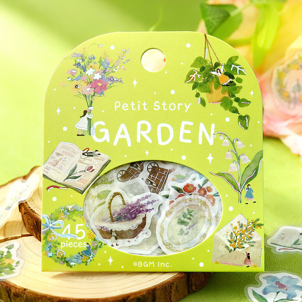 Pack of Petit Story Garden stickers with illustrations on a green background
