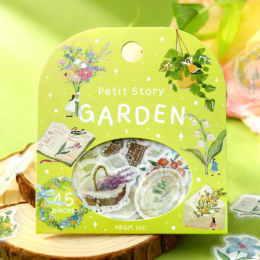 Pack of Petit Story Garden stickers with illustrations on a green background