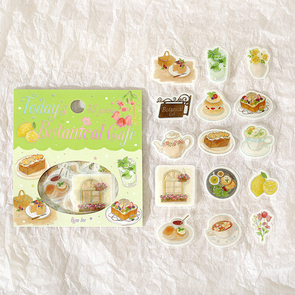 Set of 'Today's Botanical Cafe' stickers on a textured white background