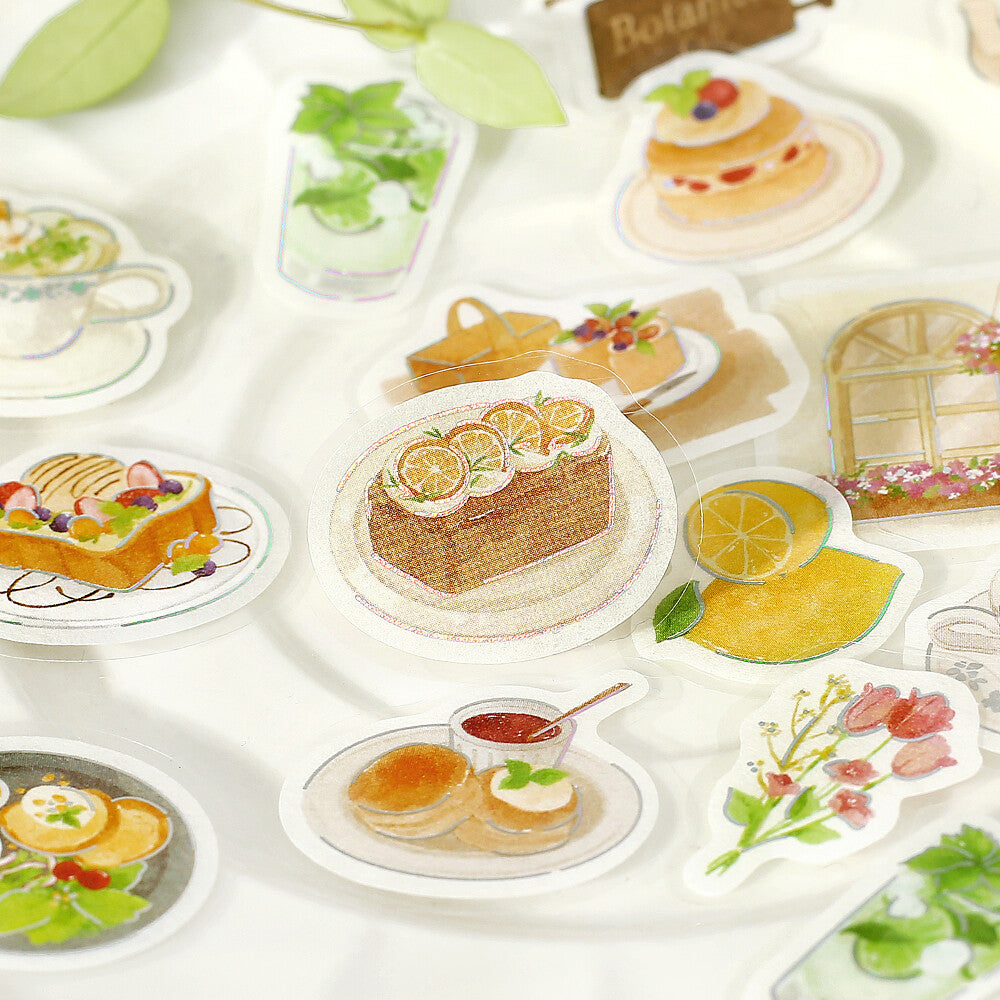 Sticker set with illustrations of cakes, fruits, and other food items on a white background.