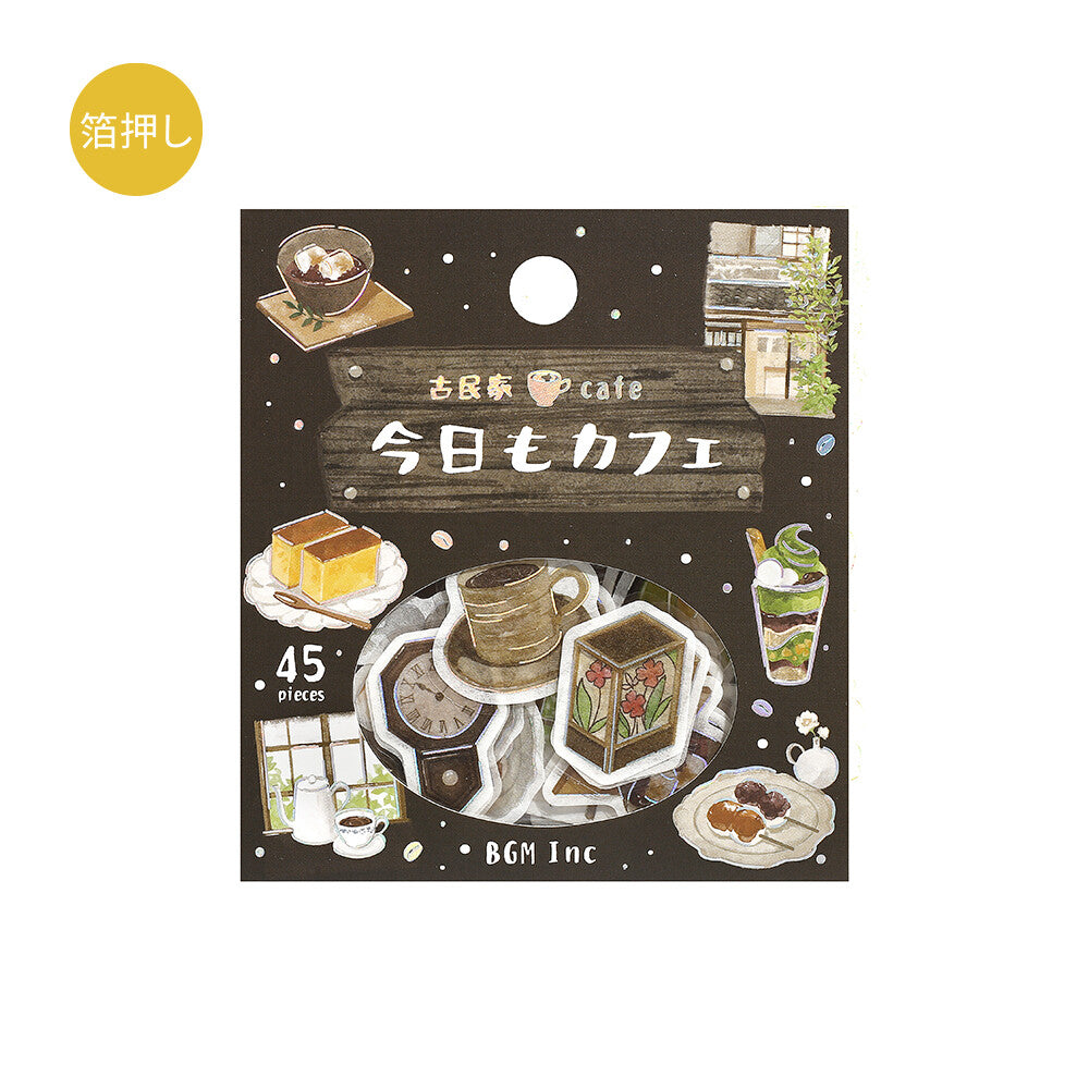 Packaging of stickers with illustrations of a cafe scene and text, featuring the brand 'BGM Inc'.