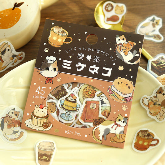 Pack of stickers with cat-themed designs on a wooden surface