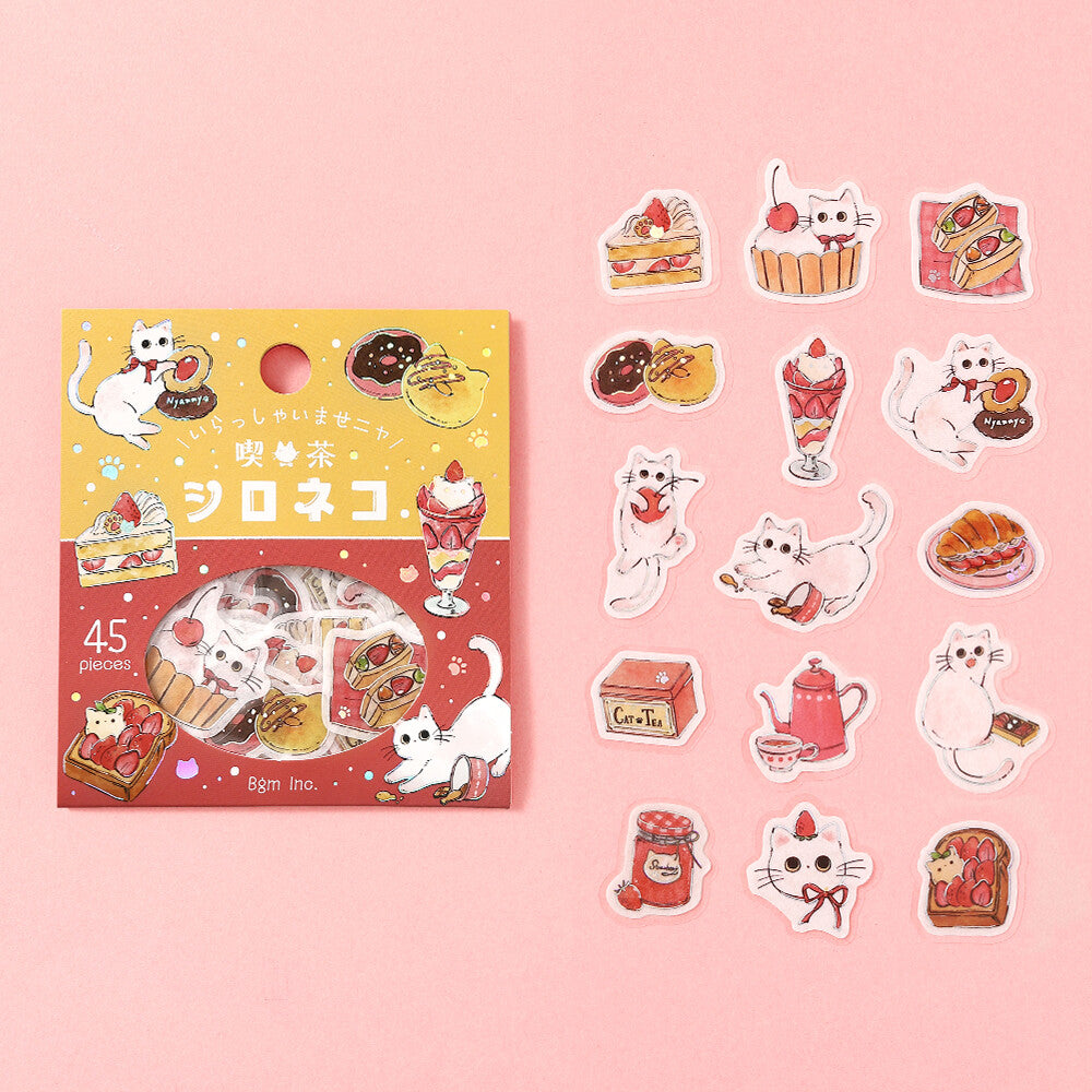 Sticker set with cat-themed designs on a pink background