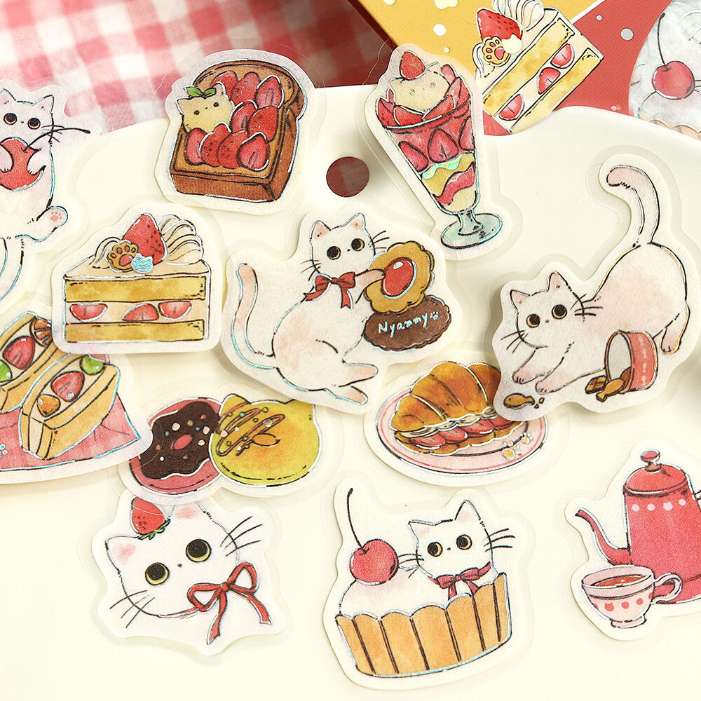 Set of cute cat-themed stickers with food illustrations on a white background.