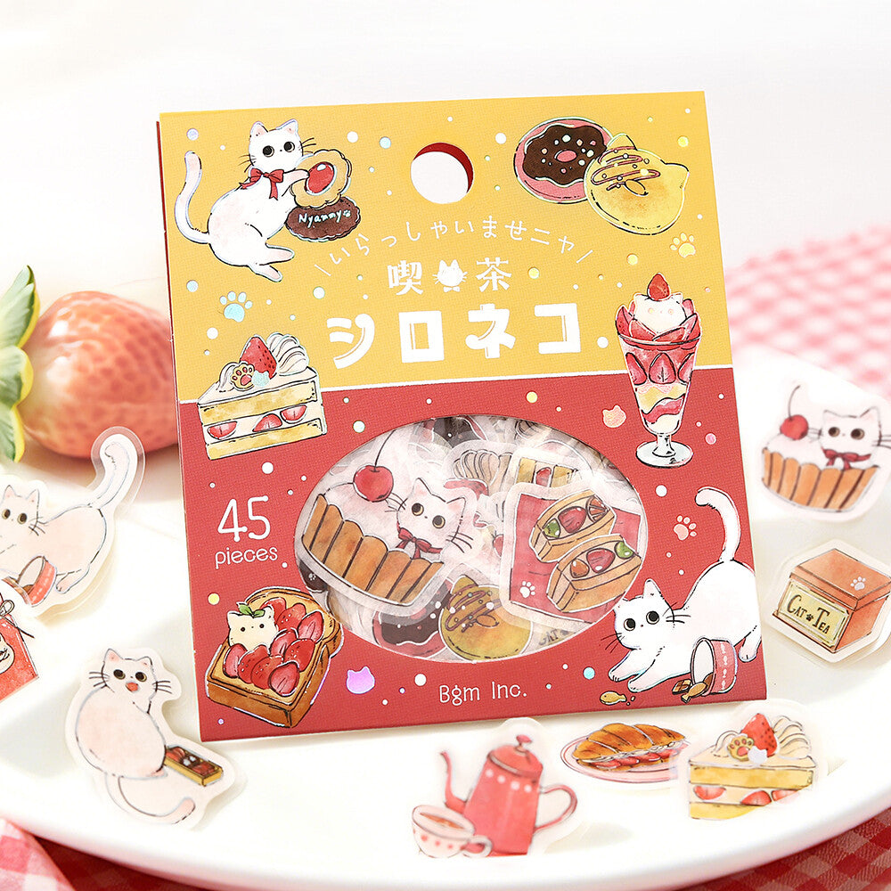 Sticker set packaging with cute illustrations of cats and food on a white background