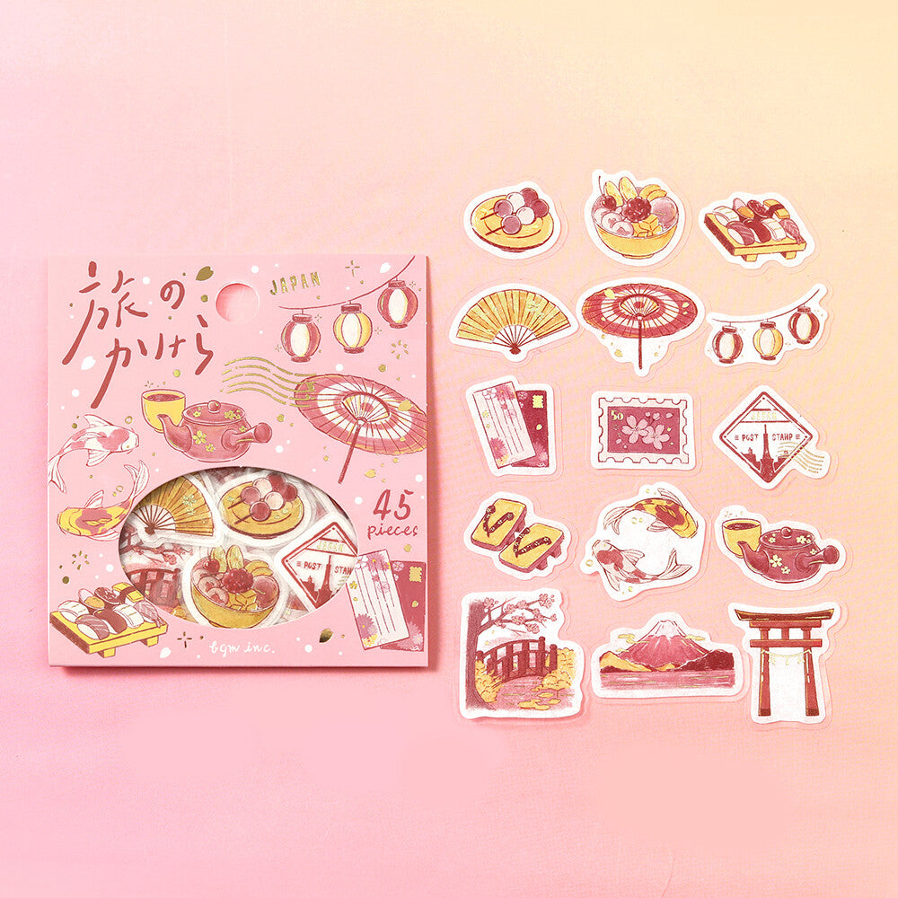 Pack of Japanese-themed stickers with a pink box on a pink background