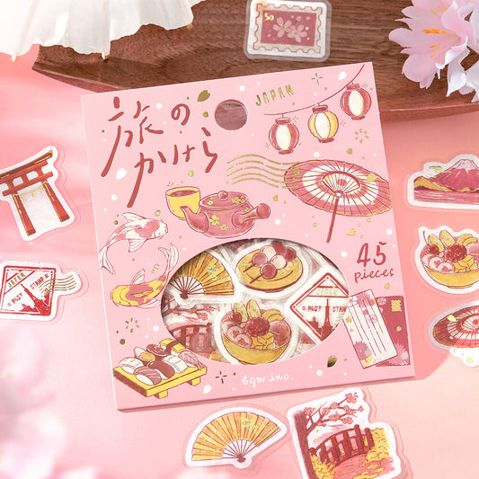 Pack of stickers with Japanese-themed designs on a pink background