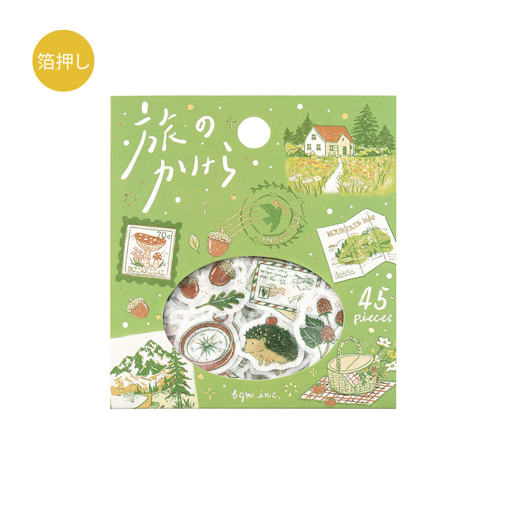 Packaging with illustrations of nature and travel-themed items on a green background