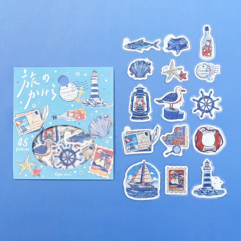 Set of decorative stickers with nautical designs on a blue background