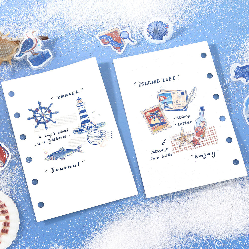 Two planner stickers with nautical and travel-themed designs on a blue background.