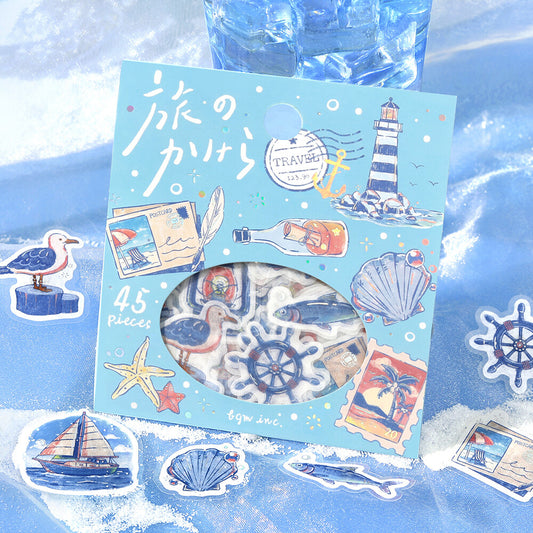 Sticker set with nautical theme packaging on a blue textured background