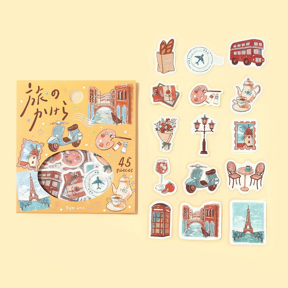 Set of illustrated stickers with travel-themed designs on a yellow background