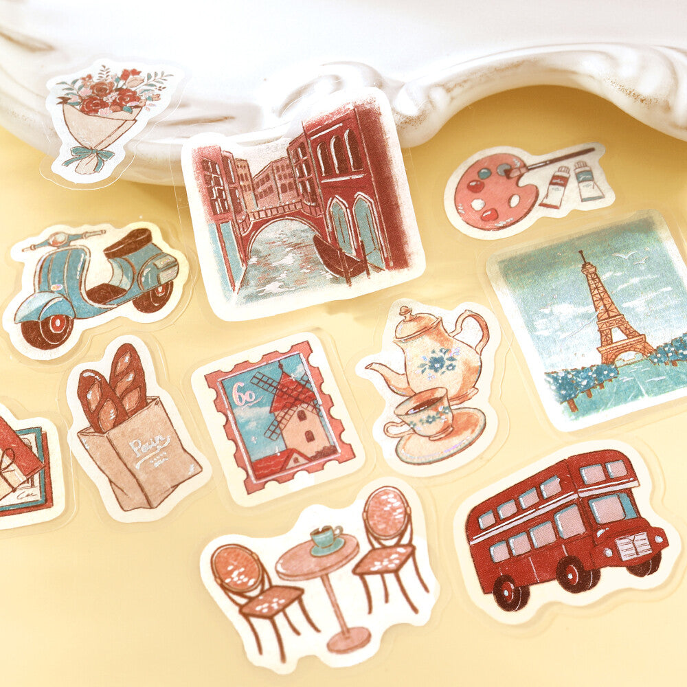 Collection of vintage-themed stickers on a beige background