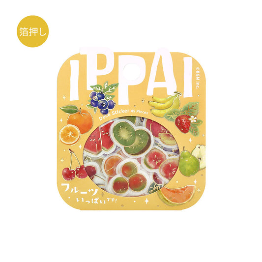 Fruit-themed product packaging with colorful illustrations on a yellow background