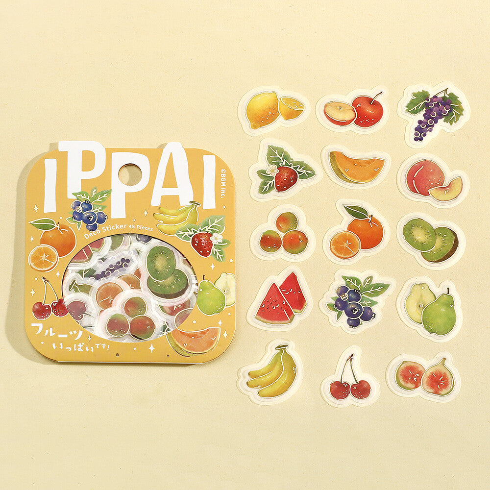 Fruit-themed product packaging with stickers on a beige background