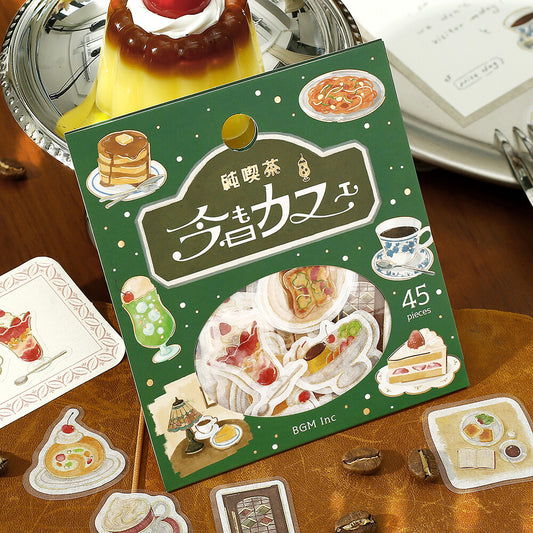 Packaging of 'Himakazu' stickers with illustrations of food on a wooden table.