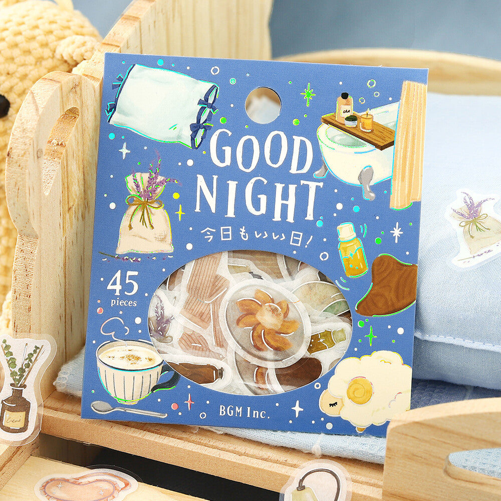 A package of 45 washi sticker pieces from BGM Inc. themed around night items and calming tea

