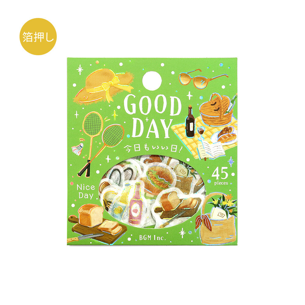 A set of good day themed stickers on a white background. The stickers feature various retro-themed hobbies including tennis rackets picnics and bread
