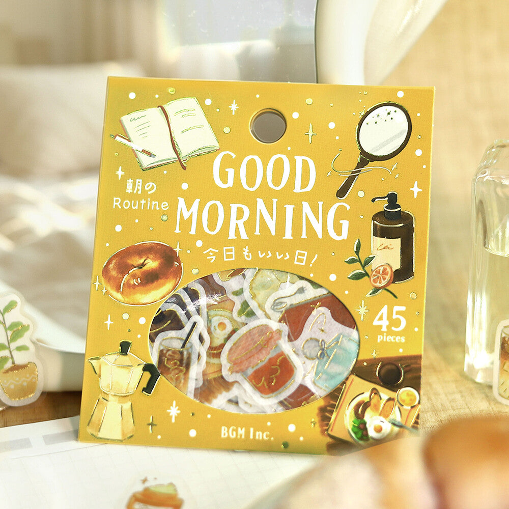 A package of 45 washi sticker pieces from BGM Inc. themed around tea and breakfast items
